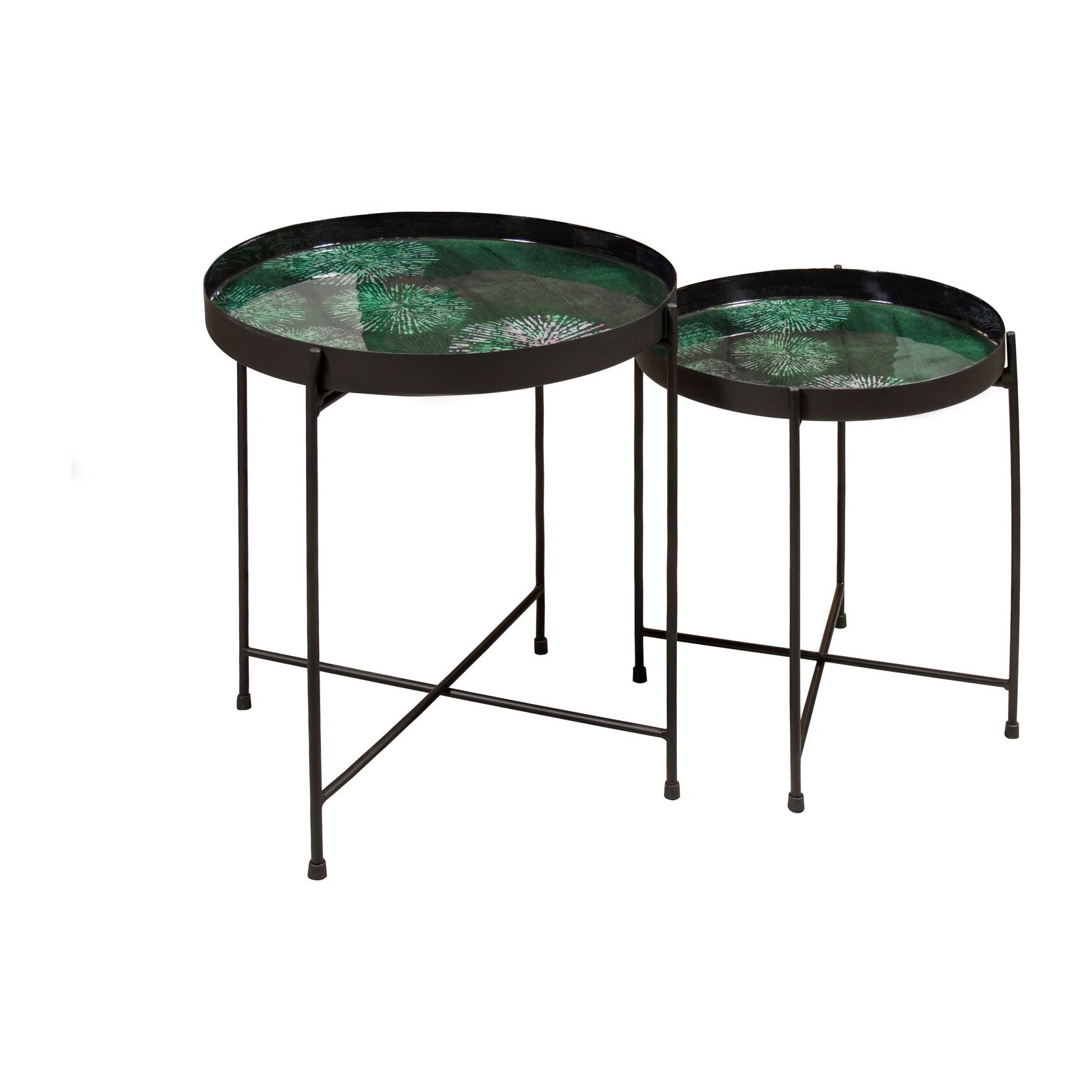 Set de 2 tables d'appoint avec plateau émaillé vert GELA