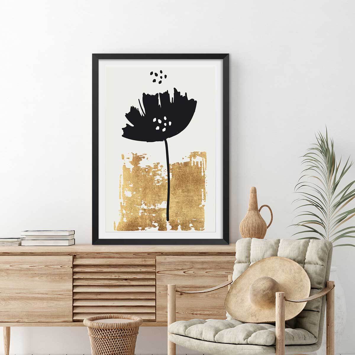 Poster fleur pollen doré Affiche + cadre en bois - Noir