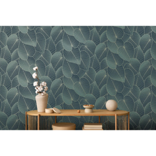 Papier peint feuilles tropicales bleu canard doré