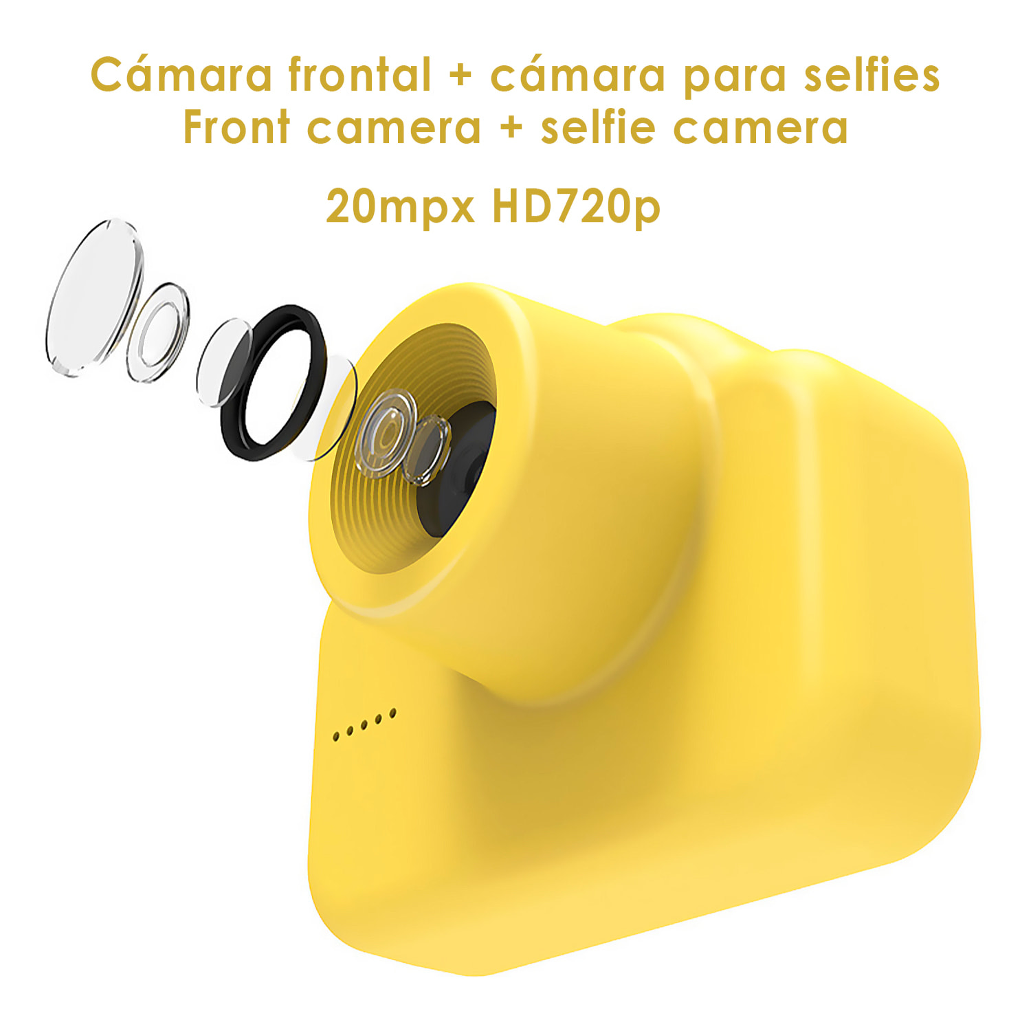 Cámara infantil A1 de fotos y video. Diseño Ovejita. 20mpx y video HD. Cámara trasera para selfies.