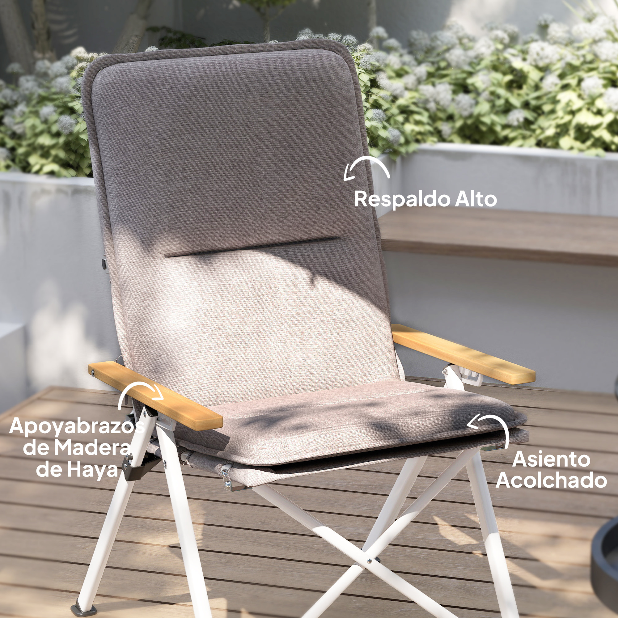 2 Sillas de Camping Plegables de Aluminio Sillas de Jardín Portátiles con Respaldo Alto Ajustable Reposabrazos de Madera y Bolsa de Transporte para Exterior 59x67x96 cm Gris Claro