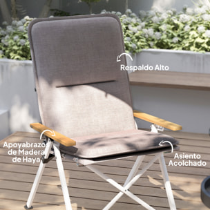 2 Sillas de Camping Plegables de Aluminio Sillas de Jardín Portátiles con Respaldo Alto Ajustable Reposabrazos de Madera y Bolsa de Transporte para Exterior 59x67x96 cm Gris Claro