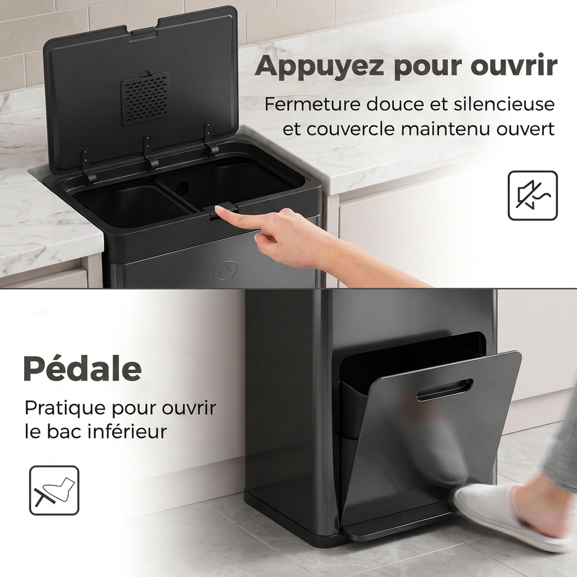 Poubelle de cuisine 2 x 18L + 20L - poubelle à pédale 3 compartiments seaux amovibles filtre anti-odeur - acier inox. noir