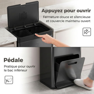 Poubelle de cuisine 2 x 18L + 20L - poubelle à pédale 3 compartiments seaux amovibles filtre anti-odeur - acier inox. noir