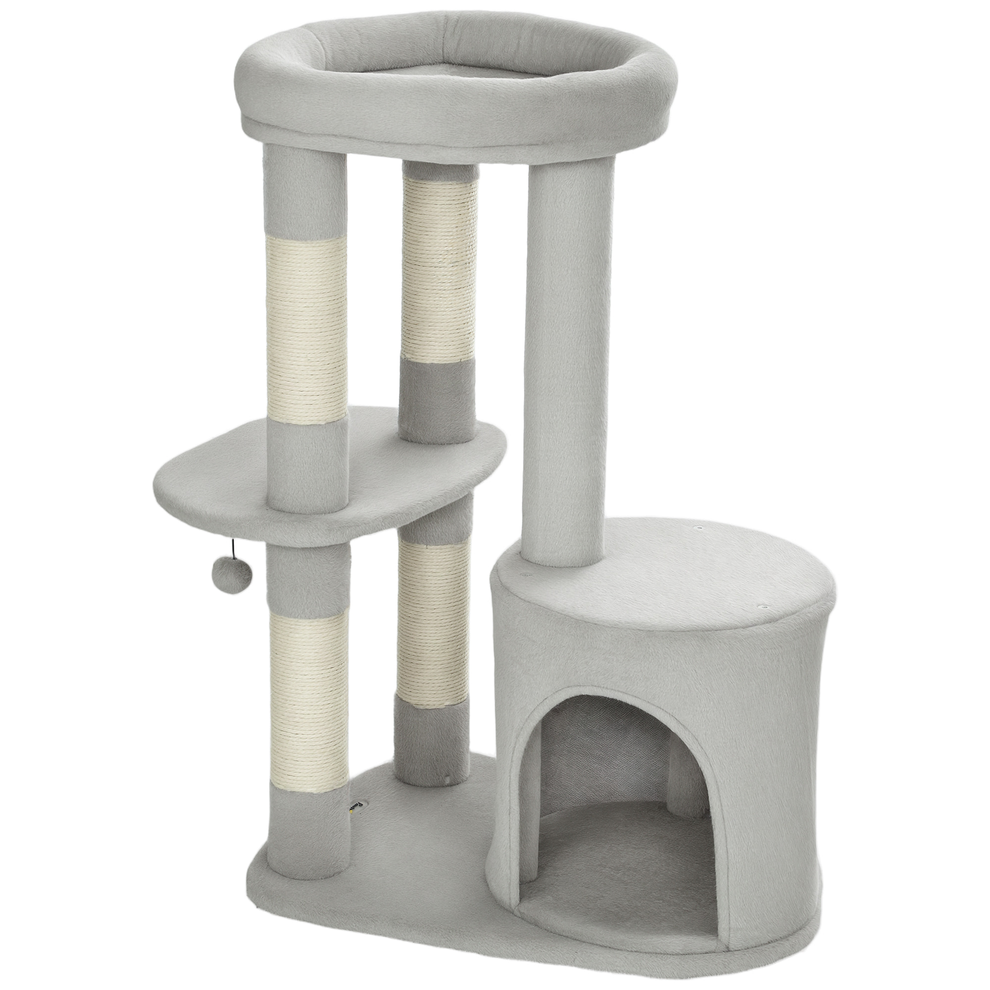 Arbre à chat design gris clair arrondi H.90cm niche 2 plateformes boule griffoirs