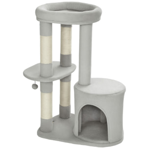 Arbre à chat design gris clair arrondi H.90cm niche 2 plateformes boule griffoirs