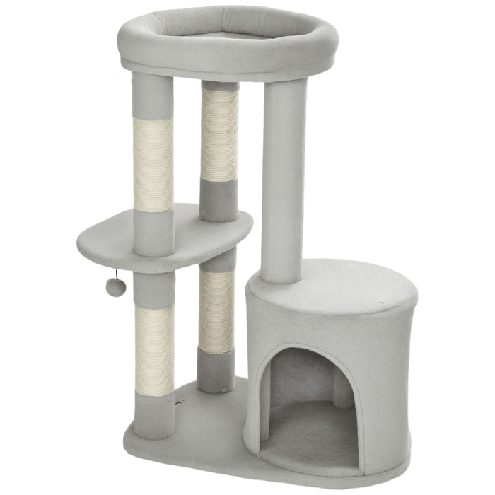 Arbre à chat design gris clair arrondi H.90cm niche 2 plateformes boule griffoirs