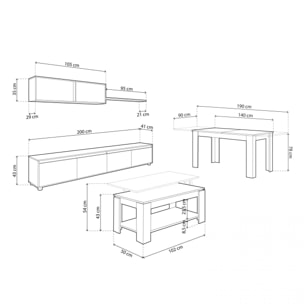 Pack salón con mesa de centro y mesa de comedor Arlet Max Blanco Artik (Blanco Mate) - Roble Canadian