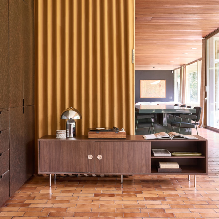 Meuble TV vintage décor bois et acier inoxydable 2 portes 180cm SHELBY