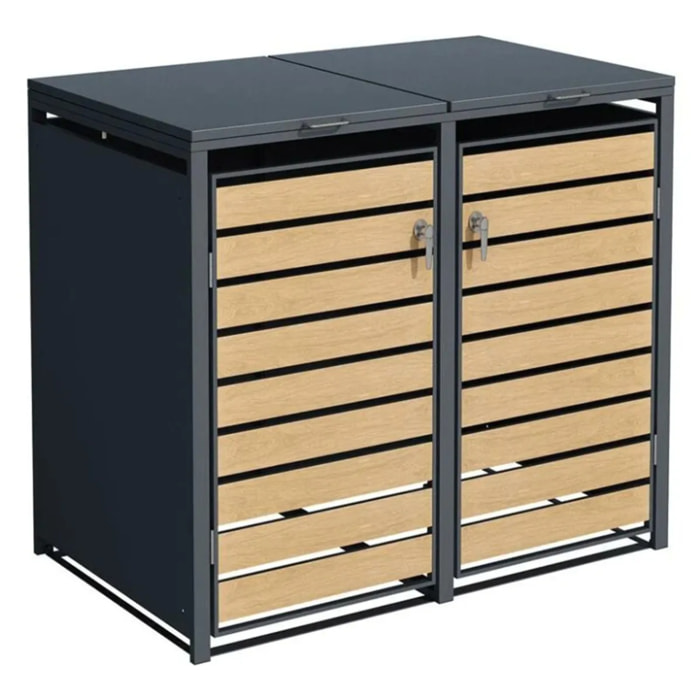 Abri cache poubelle double - 2x 240L - anthracite/imitation bois en acier