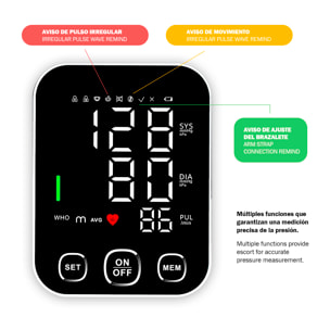 Tensiómetro electrónico S03 de brazo con avisos de voz, 198 registros de mediciones con modo de 2 usuarios.
