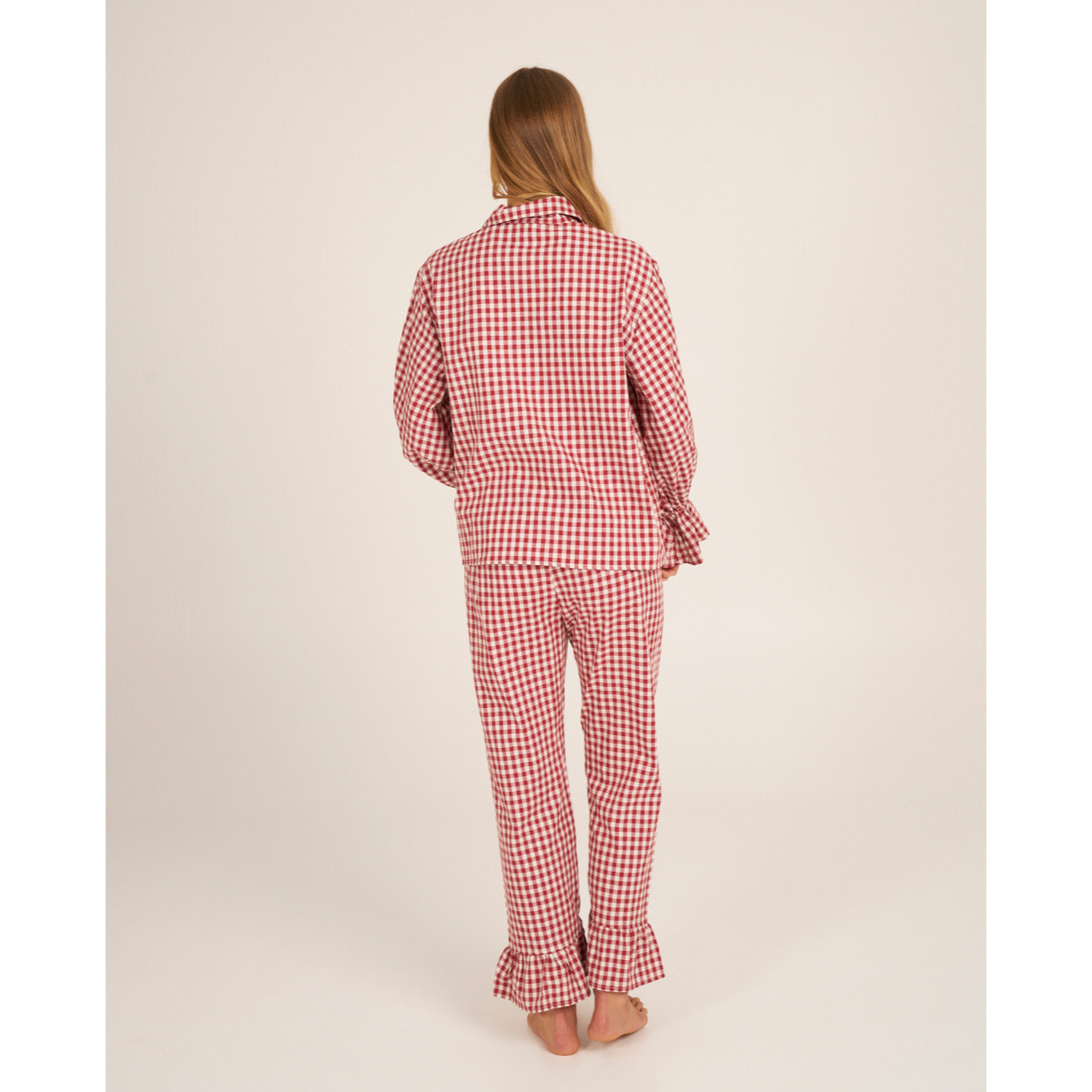 Camiseta de pijama de mujer abotonada de cuadros vichy
