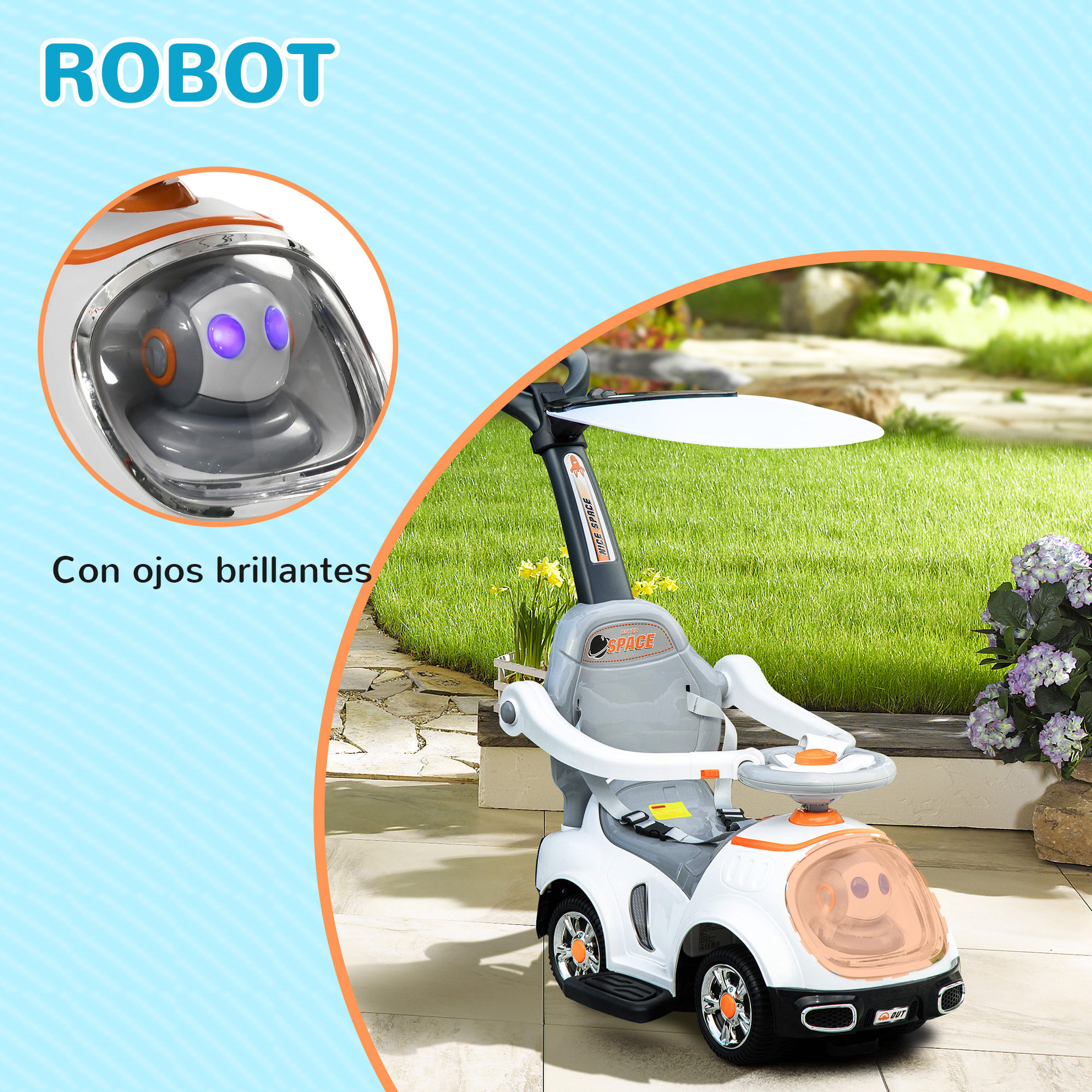 Coche Correpasillos 3 en 1 para Niños 12-36 Meses, Correpasillos con Espacio de Almacenaje, Diseño de Robot con Ojos Luminosos, Música, Bocina, Asa de Empuje y Toldo Extraíbles, Blanco