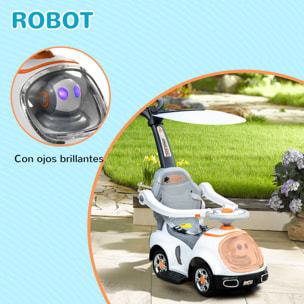 Coche Correpasillos 3 en 1 para Niños 12-36 Meses, Correpasillos con Espacio de Almacenaje, Diseño de Robot con Ojos Luminosos, Música, Bocina, Asa de Empuje y Toldo Extraíbles, Blanco