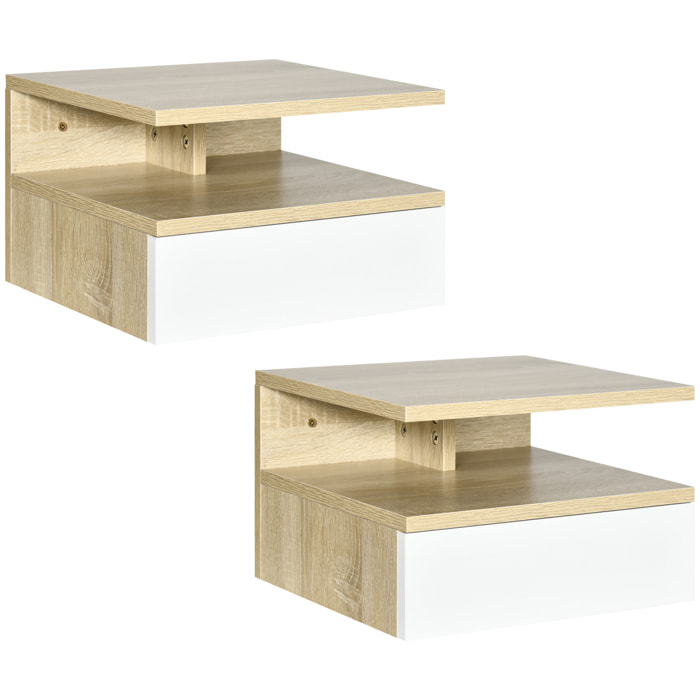 Lot de 2 tables de chevet murales - lot de 2 tables de nuit - tiroir coulissant, niche et plateau - aspect chêne clair blanc