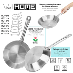 set de 4 sartenes ø20ø24ø28ø30cm en acero inoxidable, aptas para inducción y sin antiadherente