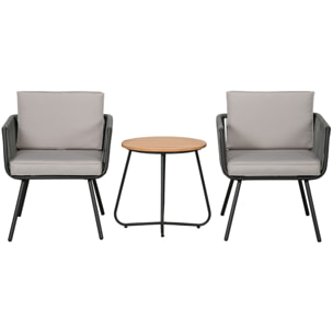 Conjunto de Muebles de Jardín de Ratán Sintético 3 Piezas Conjunto de Mesa y 2 Sillas de Ratán con Cojines Acolchados Extraíbles para Balcón Terraza Patio Gris