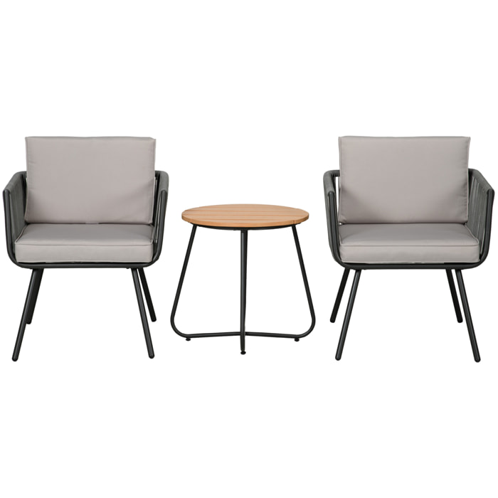 Conjunto de Muebles de Jardín de Ratán Sintético 3 Piezas Conjunto de Mesa y 2 Sillas de Ratán con Cojines Acolchados Extraíbles para Balcón Terraza Patio Gris