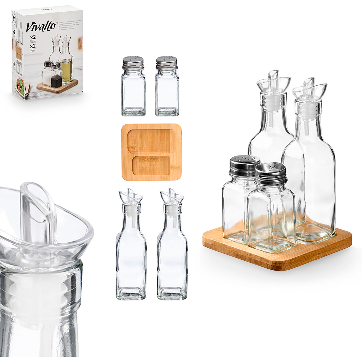 Set con oliera, vinegar, saliera e pepiera.