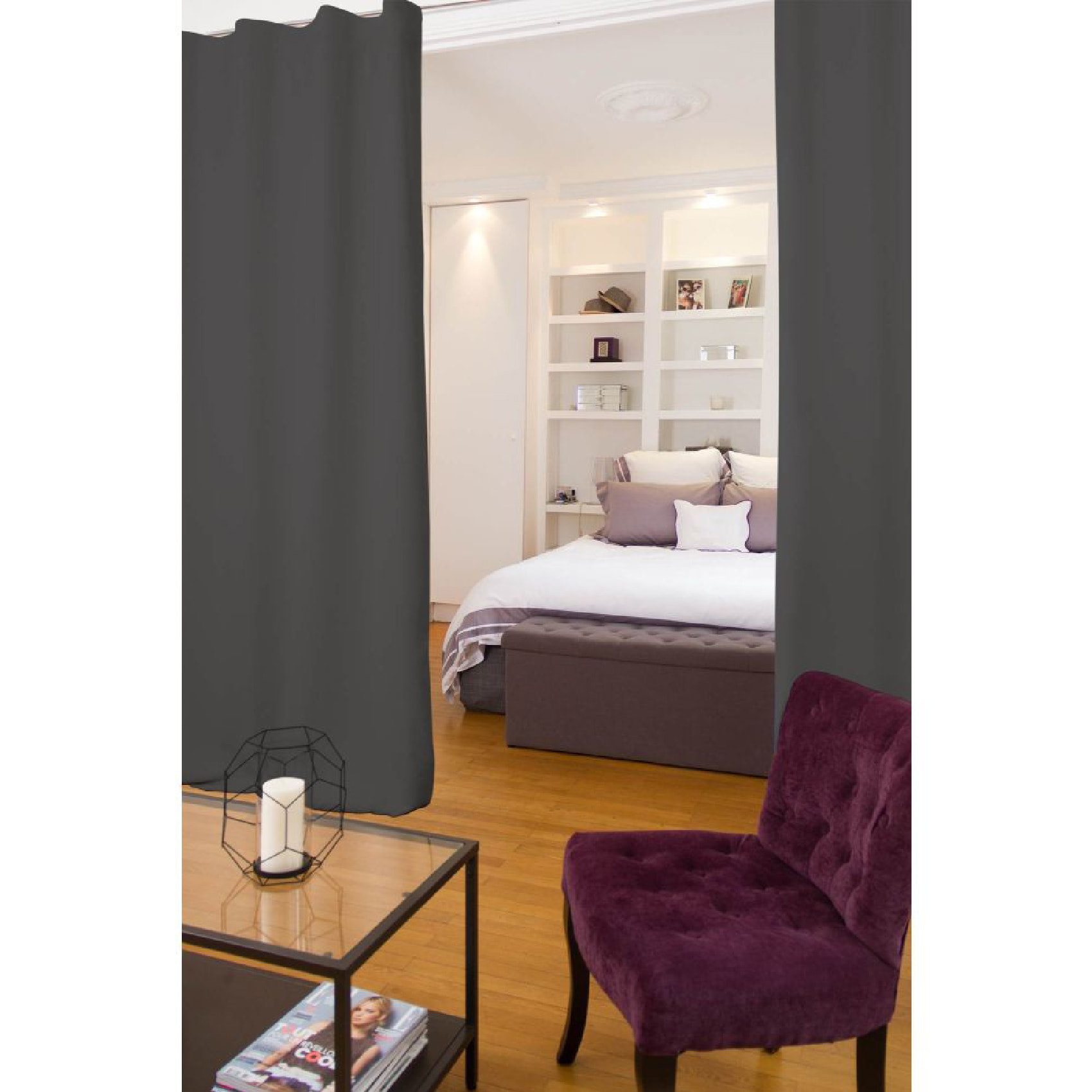 Rideau Séparateur de Pièce à galon et ourlet - Gris anthracite