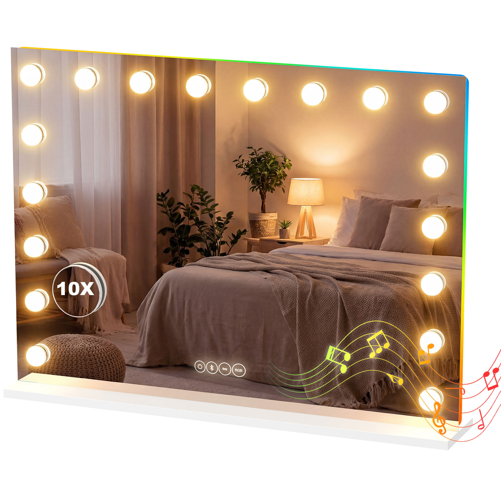 Miroir maquillage Hollywood lumineux LED tactile réglable 18 ampoules HP bluetooth