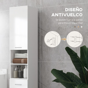 Mueble Auxiliar Baño Moderno Armario de Baño con 1 Cajón 3 Estantes Ajustables y 2 Armarios Mueble Auxiliar de Almacenaje para Salón Dormitorio 30x30x180 cm Blanco Brillante