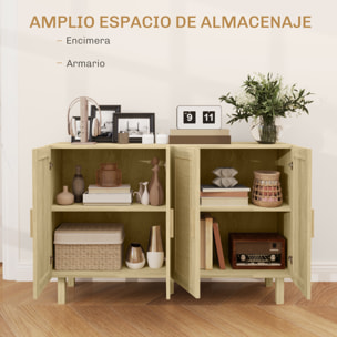 Aparador 4 Puertas de Rejilla de Ratán Aparador para Salón Nórdico con Estantes Ajustables para Comedor Entrada Dormitorio Natural 120x39,5x76 cm
