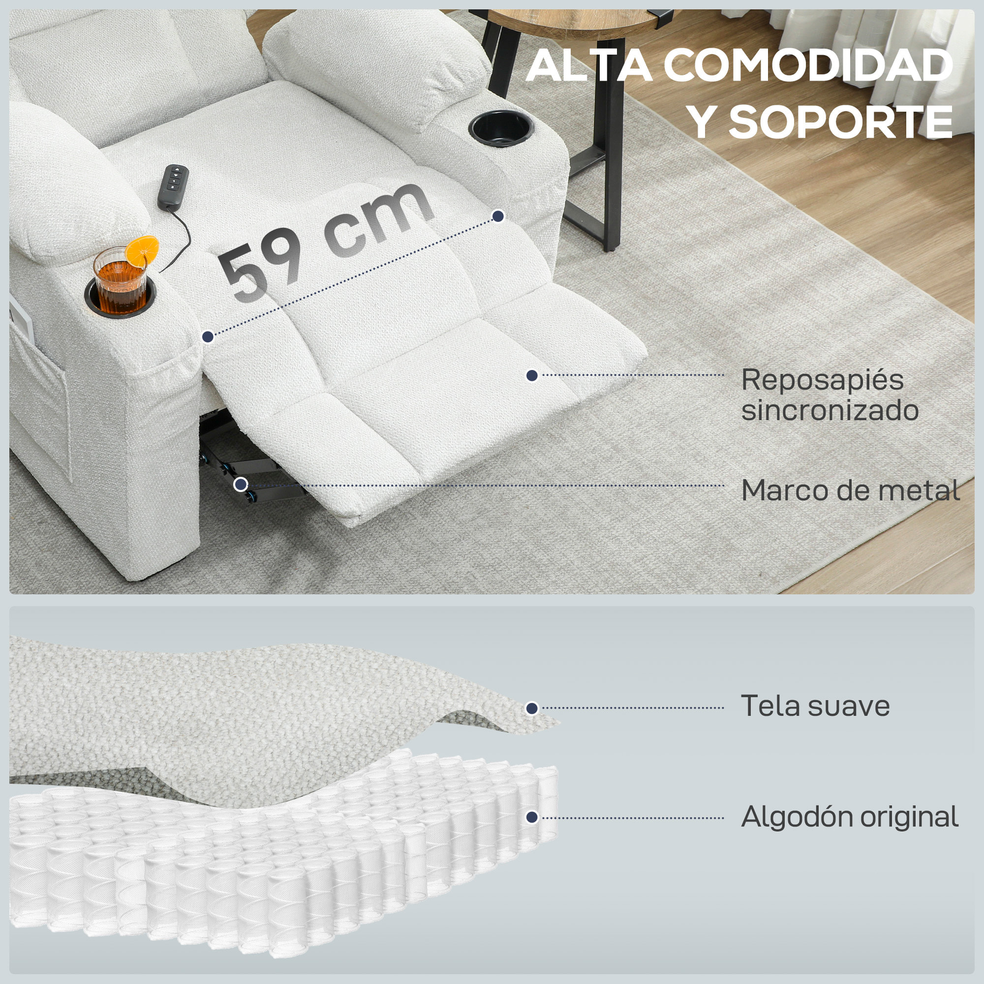 Sillón Relax Reclinable Eléctrico, Sillón Reclinable Silencioso con Función Memoria, Reposapiés, Mando a Distancia, Bolsillos Laterales, Portavasos y Puerto USB, para Dormitorio, Salón, Crema