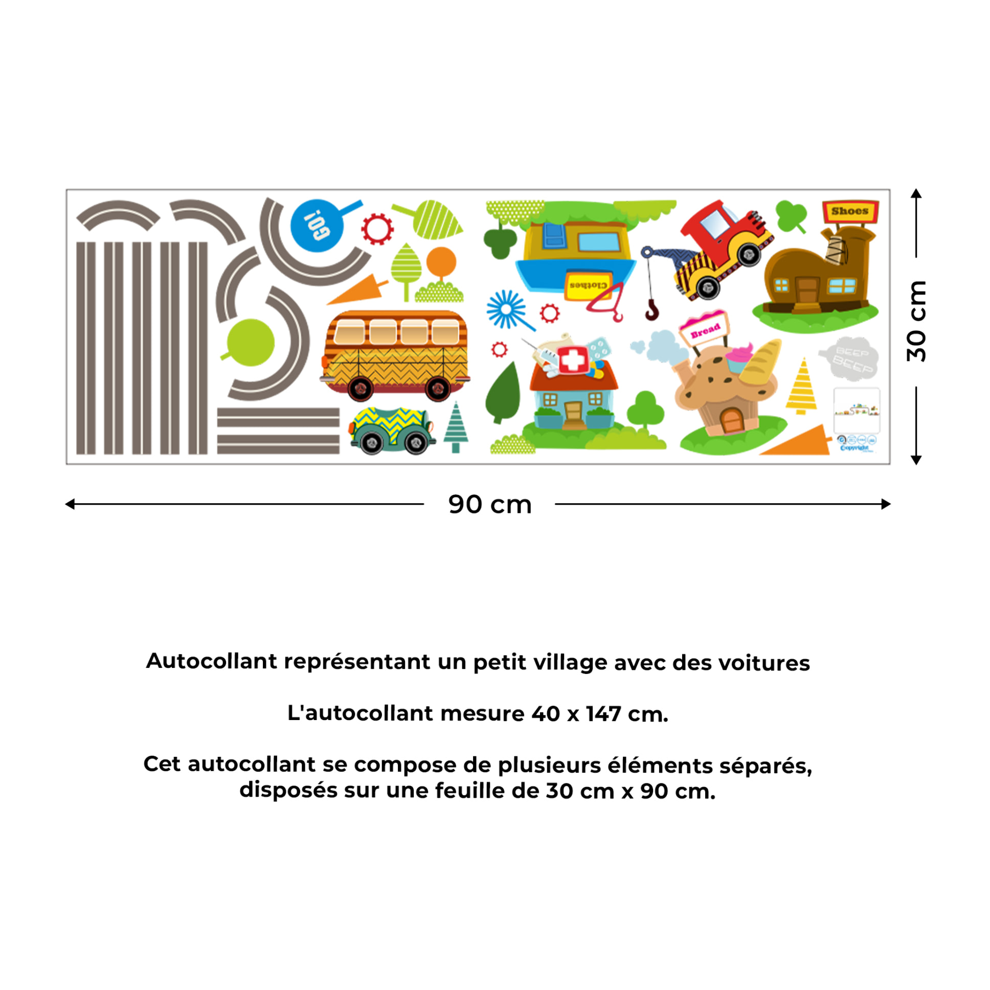 Stickers Muraux décoration adhésifs Petit village avec les voitures