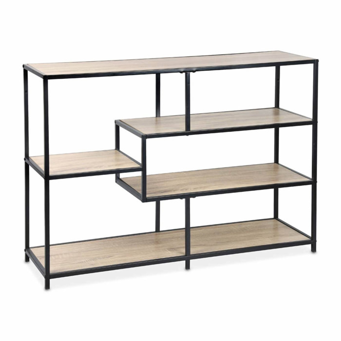 Etagère en métal noir et décor bois - Loft - bibliothèque 5 niveaux. L 114 x l 33 x H 78cm