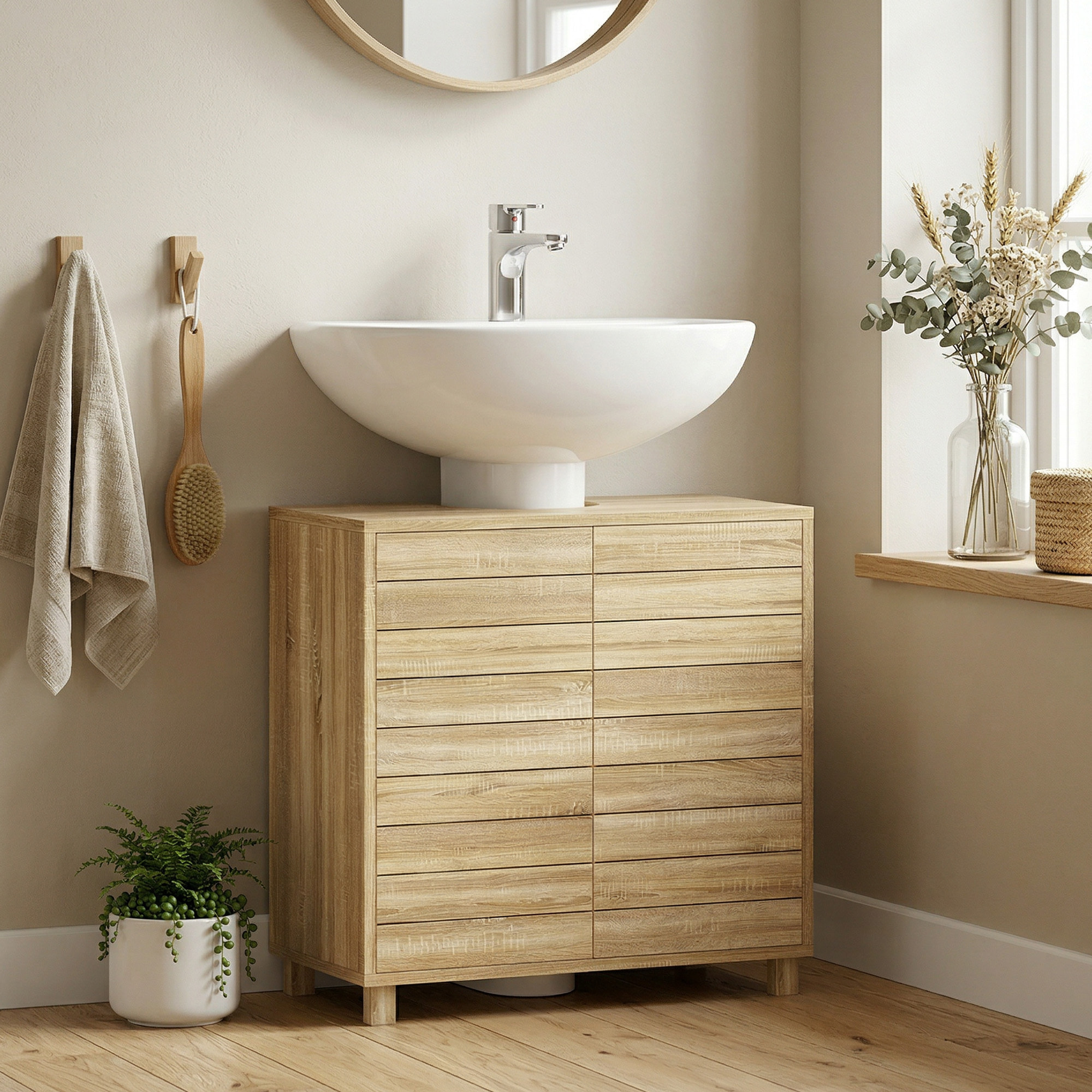 Mueble Bajo Lavabo, Mueble de Baño con Estante Ajustable, Puertas de Listones y Apertura por Presión, para Lavabo con Pedestal o Pared, 60x30x60 cm, Natural