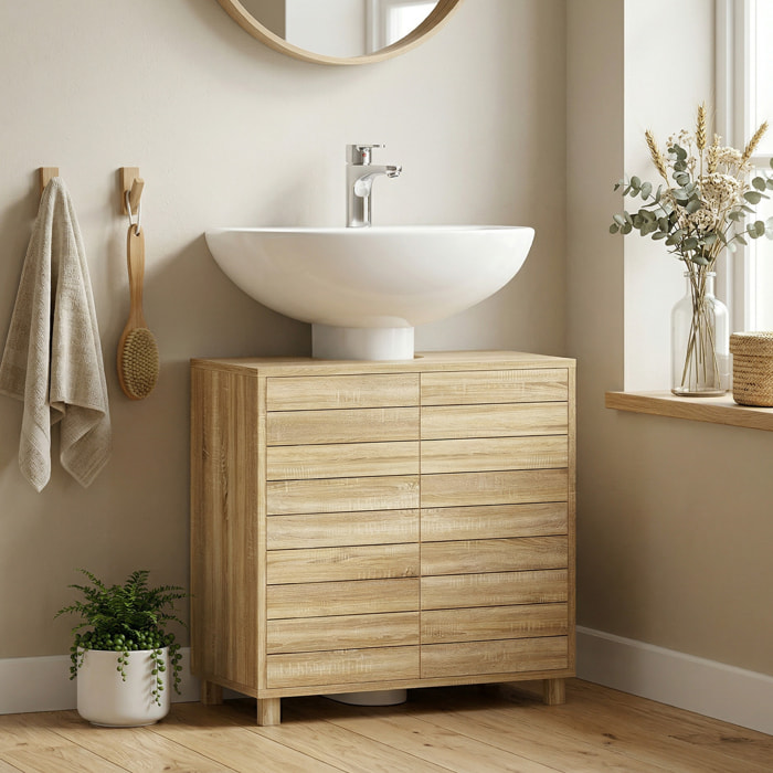 Mueble Bajo Lavabo, Mueble de Baño con Estante Ajustable, Puertas de Listones y Apertura por Presión, para Lavabo con Pedestal o Pared, 60x30x60 cm, Natural