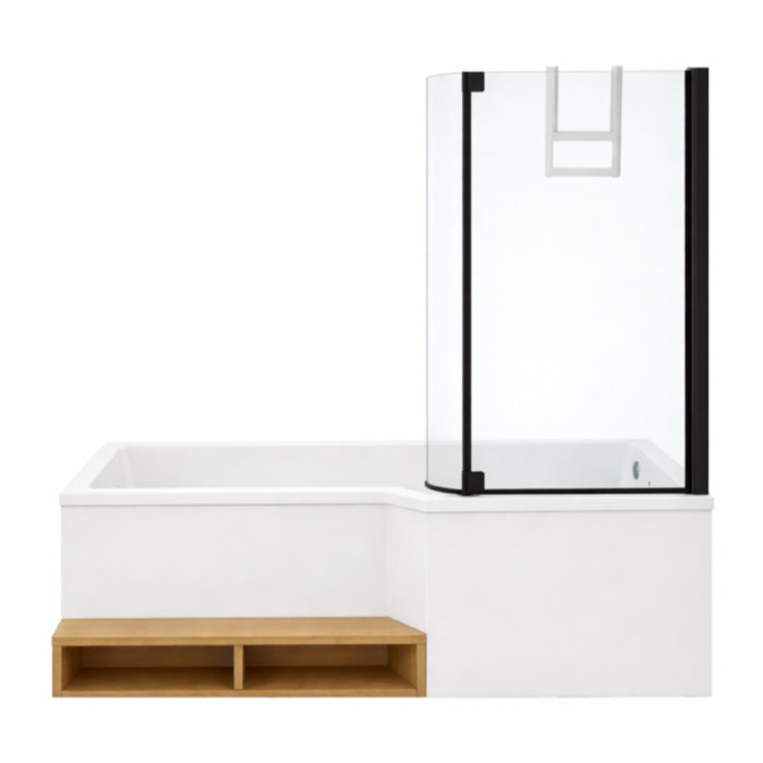 Pack baignoire bain douche antidérapante 150 x 80 Neo version droite + pare bain noir mat + tablier niche