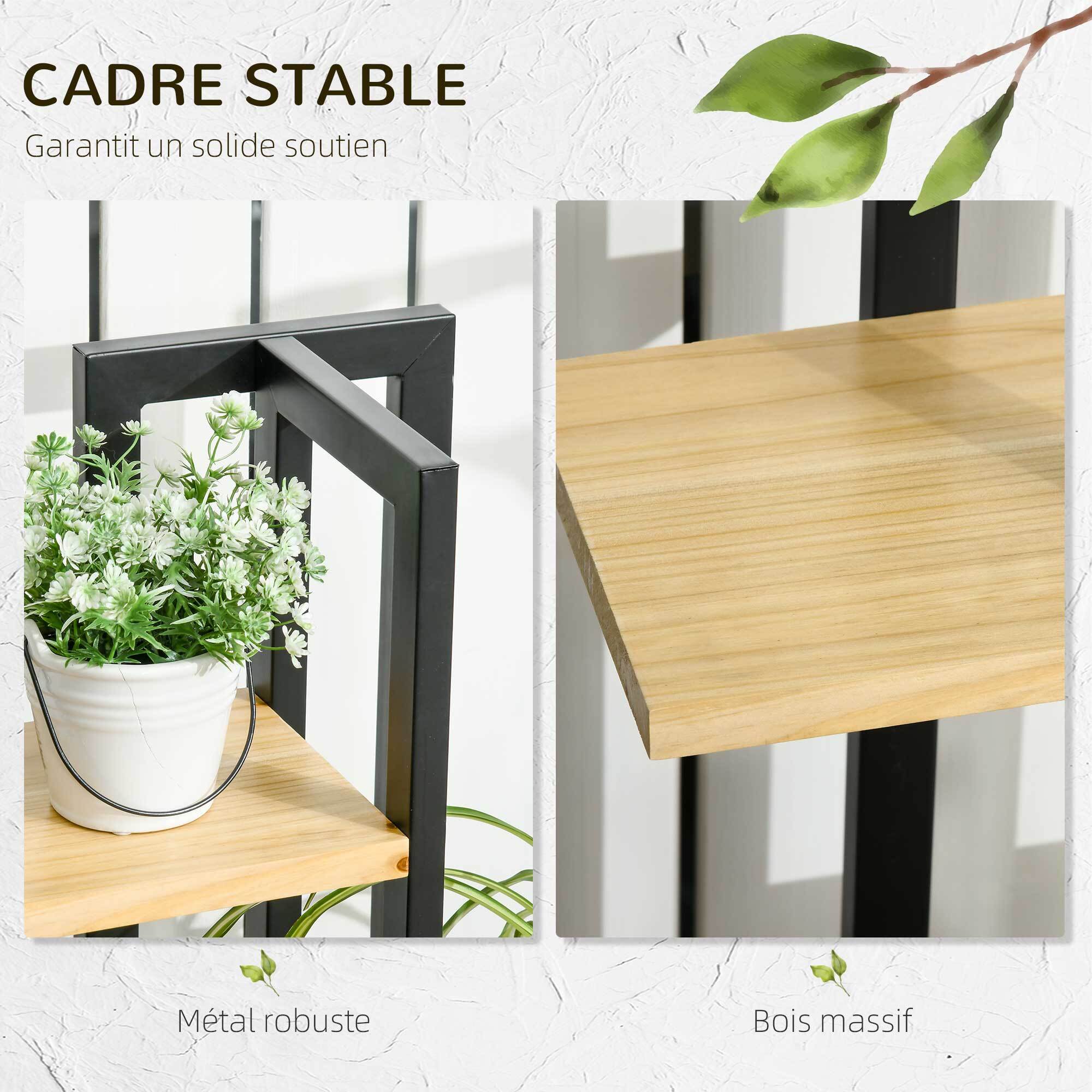 Support à fleurs style industriel 4 niveaux - porte plante 4 étagères - métal époxy noir bois sapin