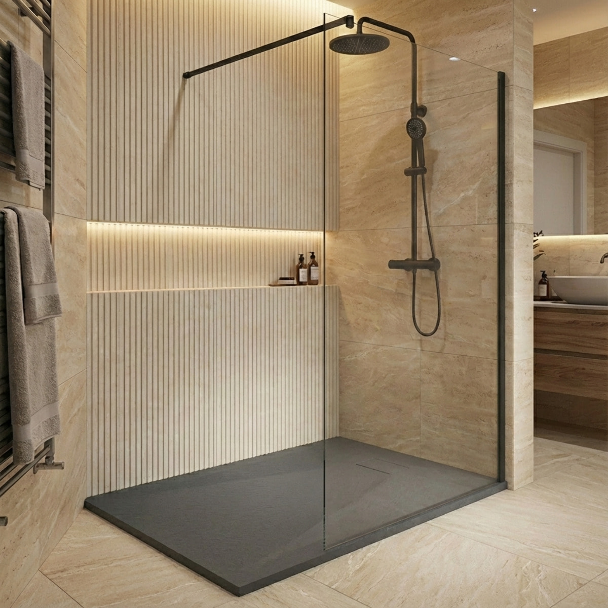 Essential 120x80 cm receveur de douche rectangulaire à poser SMC avec surface effet pierre, gris foncé (CERAES12080DG)