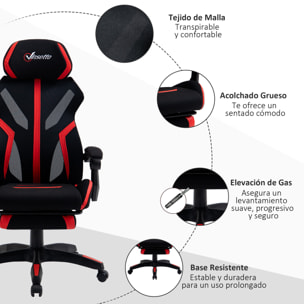 Vinsetto Silla Gaming con Reposapiés Retráctil Silla de Oficina Giratoria Reclinable con Reposacabezas y Altura Ajustable 65x65x119-129 cm Negro y Rojo