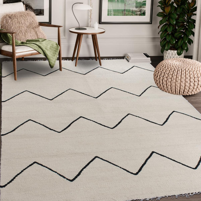 Tapis kilim Reversible Huku tissé à la main en laine beige motif berbère
