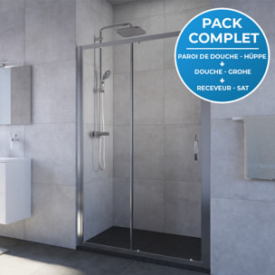 Pack douche : Porte coulissante 120cm + Colonne de douche avec mitigeur thermostatique + Receveur 120x90cm Noir