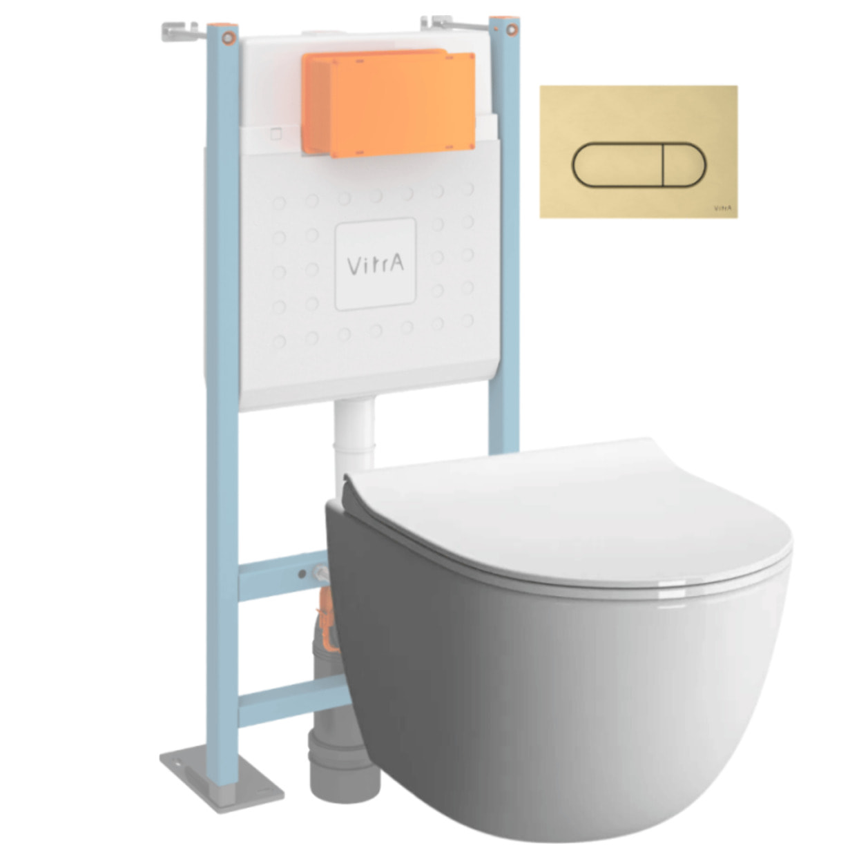 Pack WC suspendu Sento blanc brillant + bâti autoportant V-Fix Core + Plaque Round or brossé