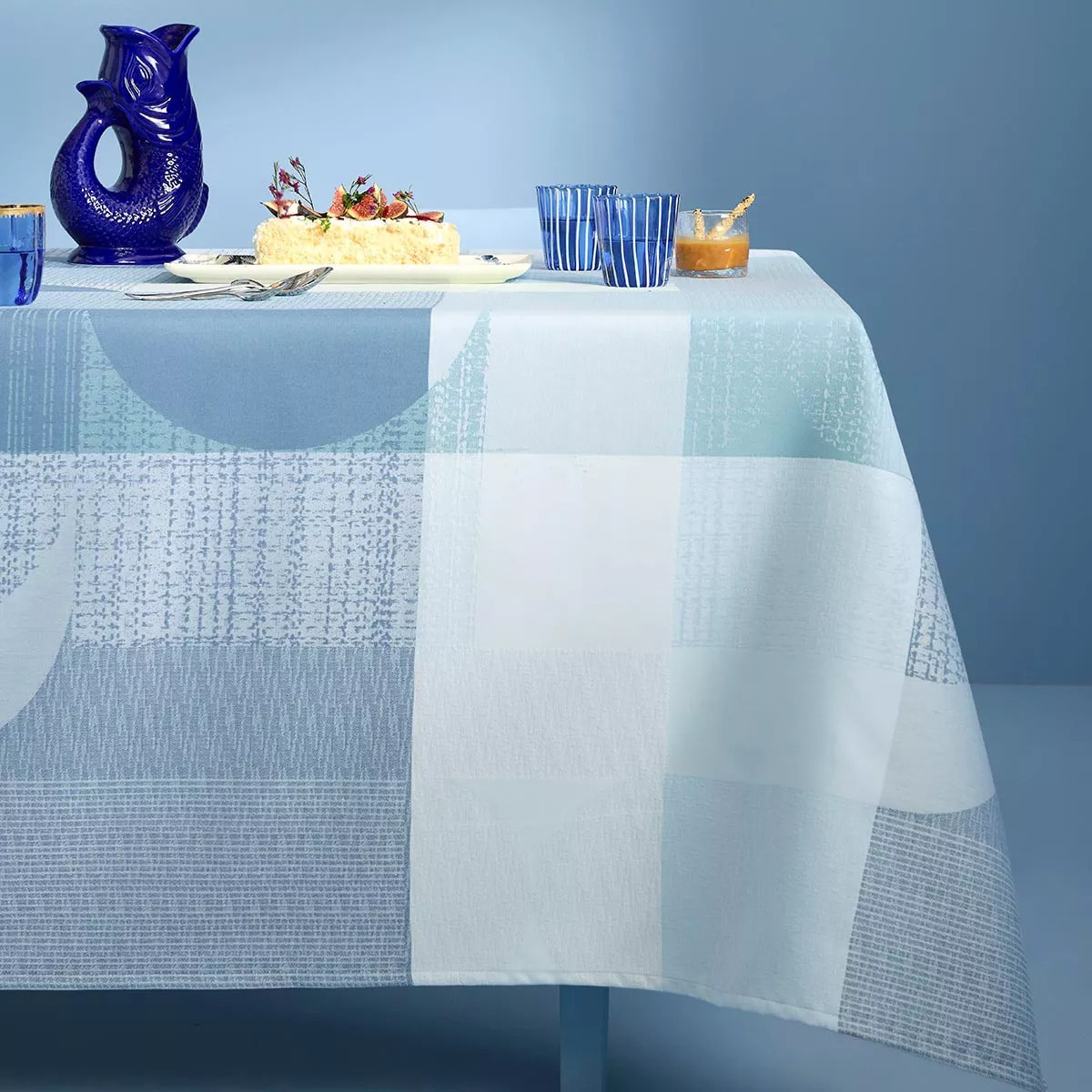 Nappe pur coton 220 g/m² motif jacquard bleu vert Mille textures bleu