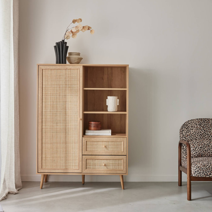 Buffet de rangement cannage et décor bois. buffet haut. vaisselier. 1 porte. 2 tiroirs. 6 étagères
