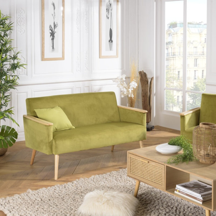 AGATHE - Canapé 2 places velours vert clair pieds et accoudoirs bois