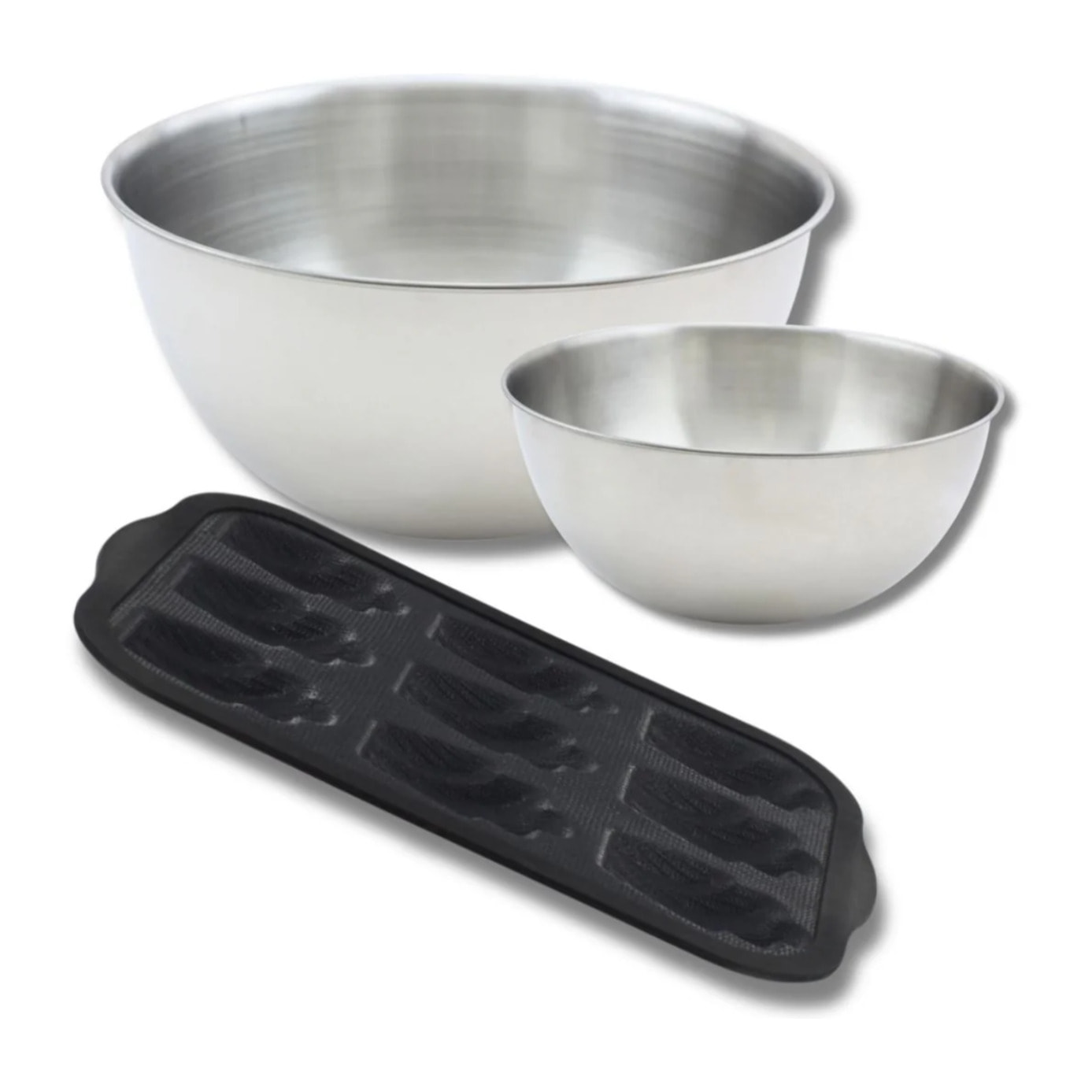 Lot avec 1 Moule 9 madeleines en fibre de verre, 1 spatule Zenker et 2 bols à mixer en inox Fackelmann