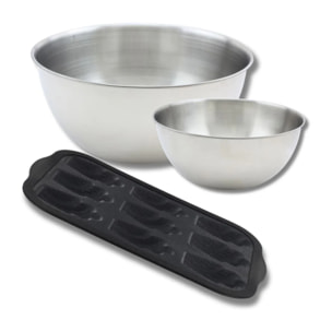 Lot avec 1 Moule 9 madeleines en fibre de verre, 1 spatule Zenker et 2 bols à mixer en inox Fackelmann