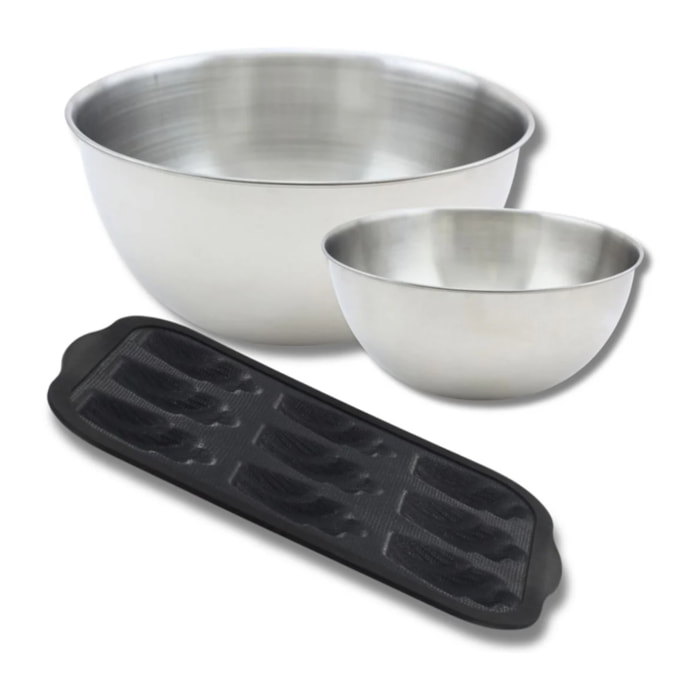Lot avec 1 Moule 9 madeleines en fibre de verre, 1 spatule Zenker et 2 bols à mixer en inox Fackelmann