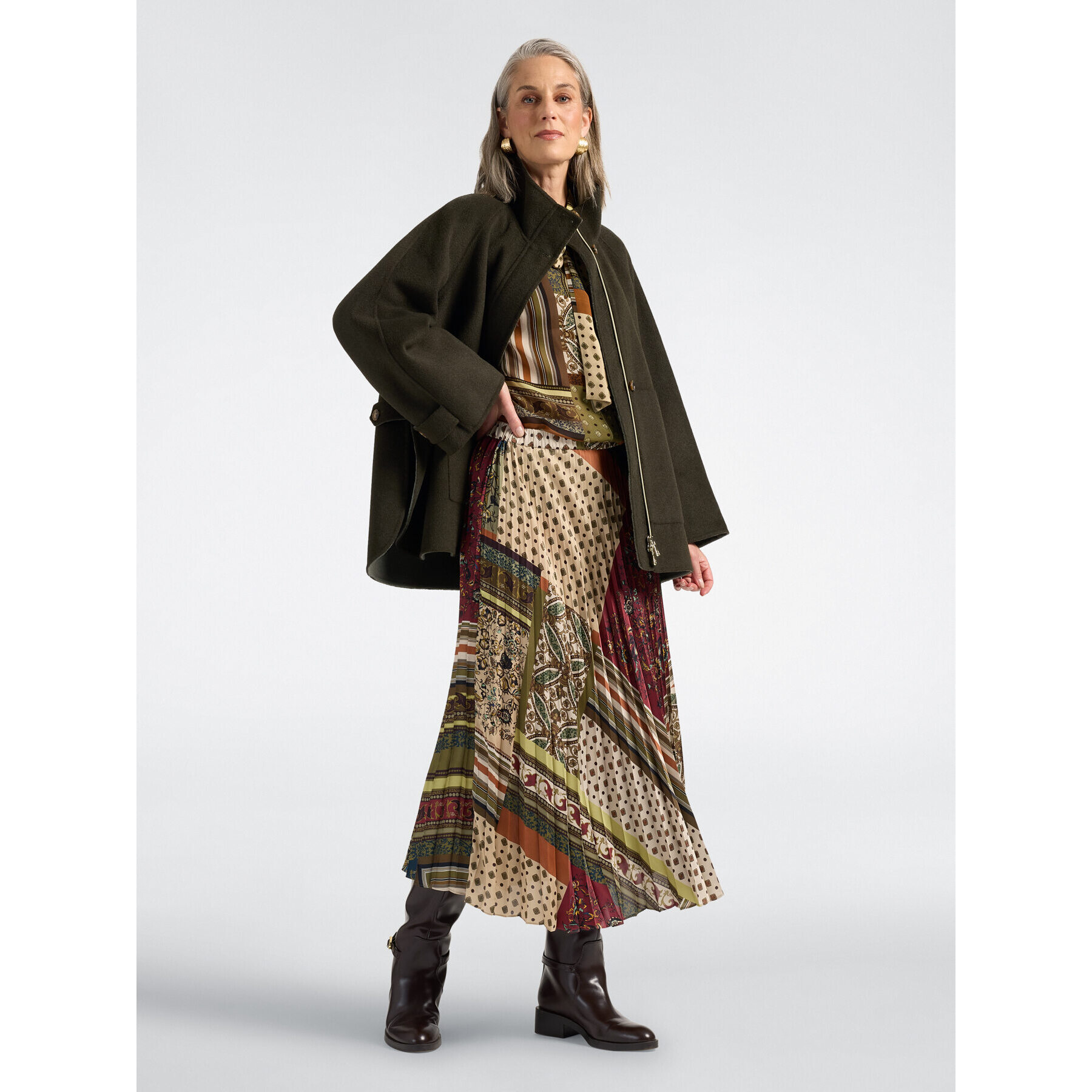 Elena Mirò - Cappotto misto lana collo alto - Verde militare