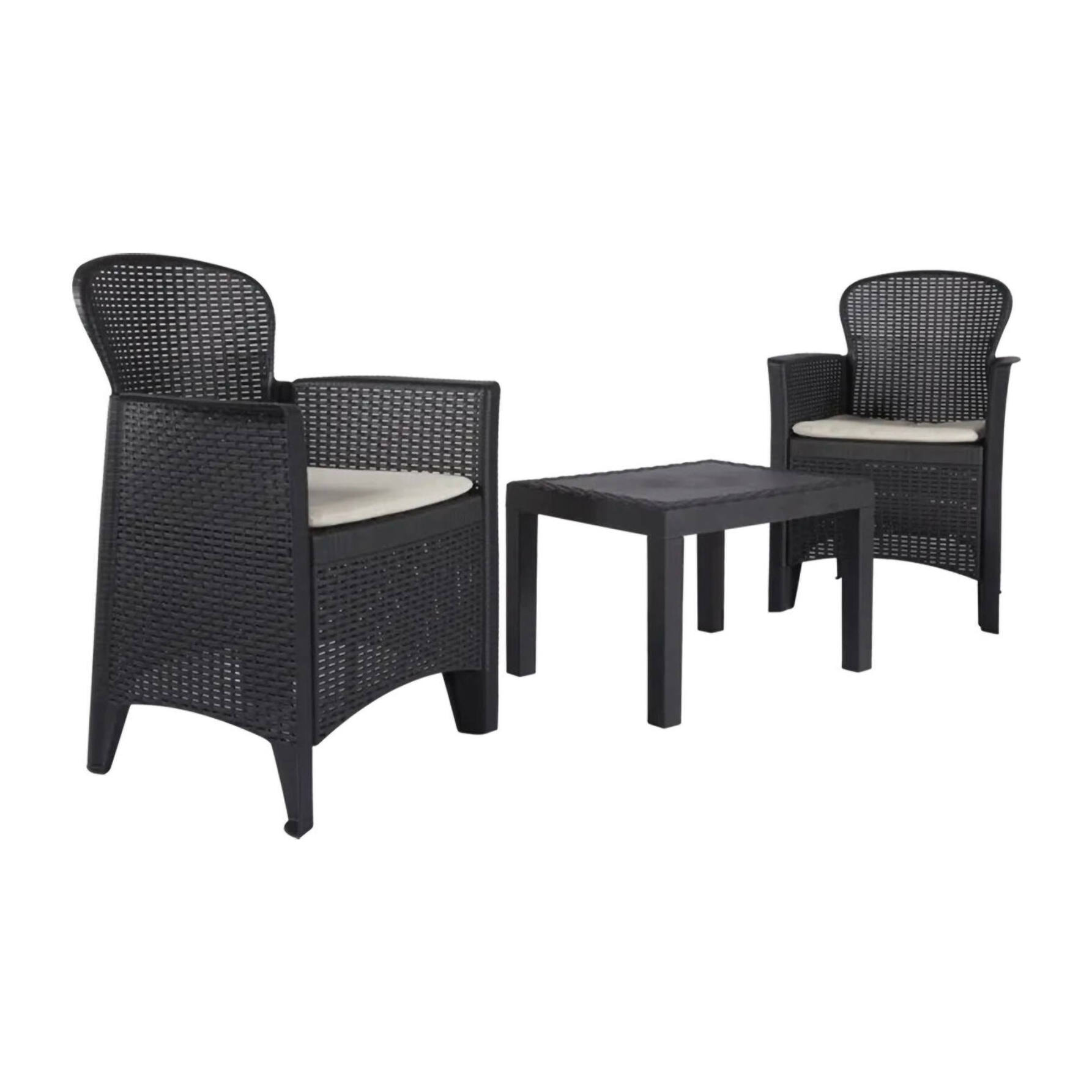 Set salotto da esterno Foggia, Set da giardino con 2 poltrone ed 1 tavolino, Salottino effetto rattan con cuscini, 100% Made in Italy, Antracite