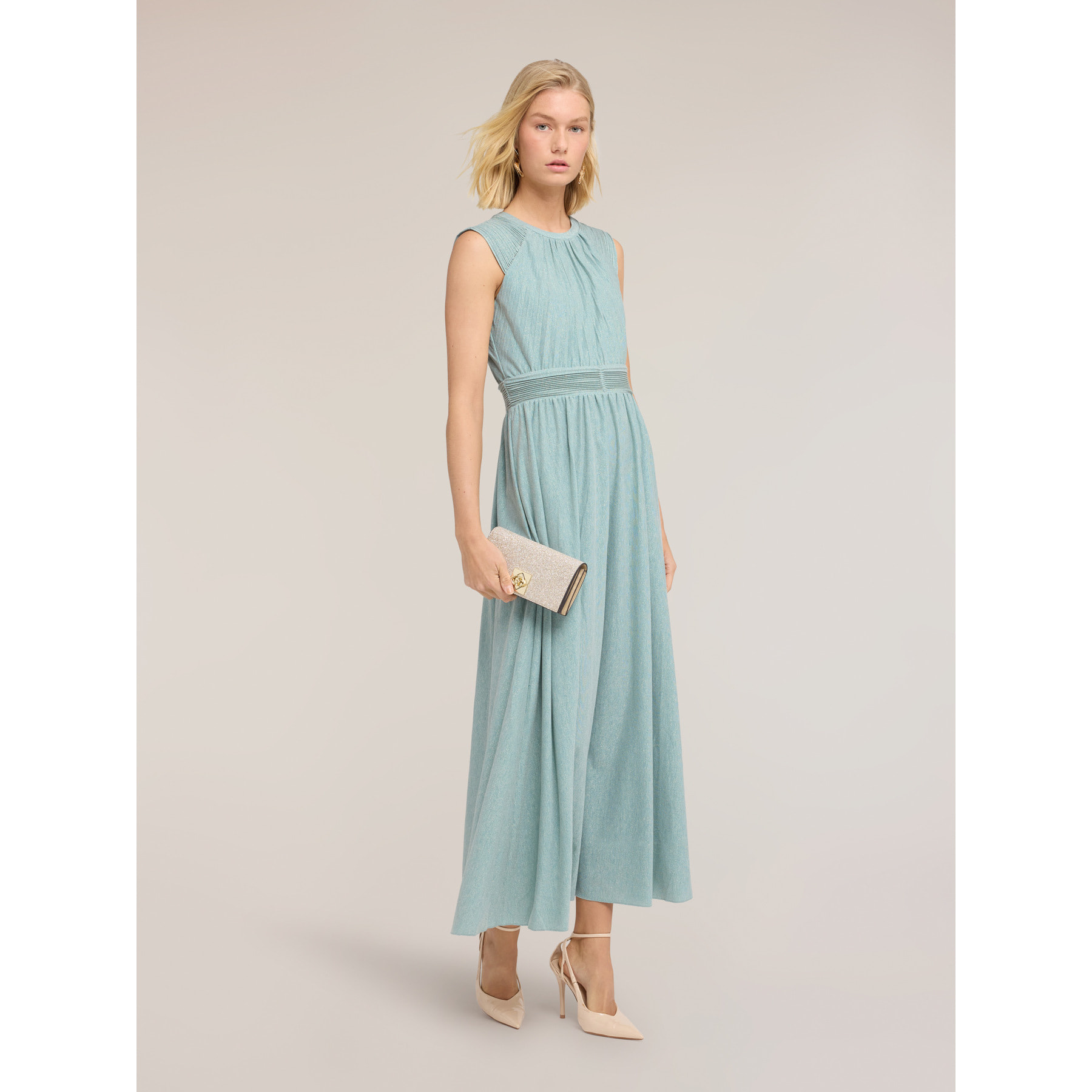Motivi - Vestito lungo plissé in jersey lurex - Azzurro