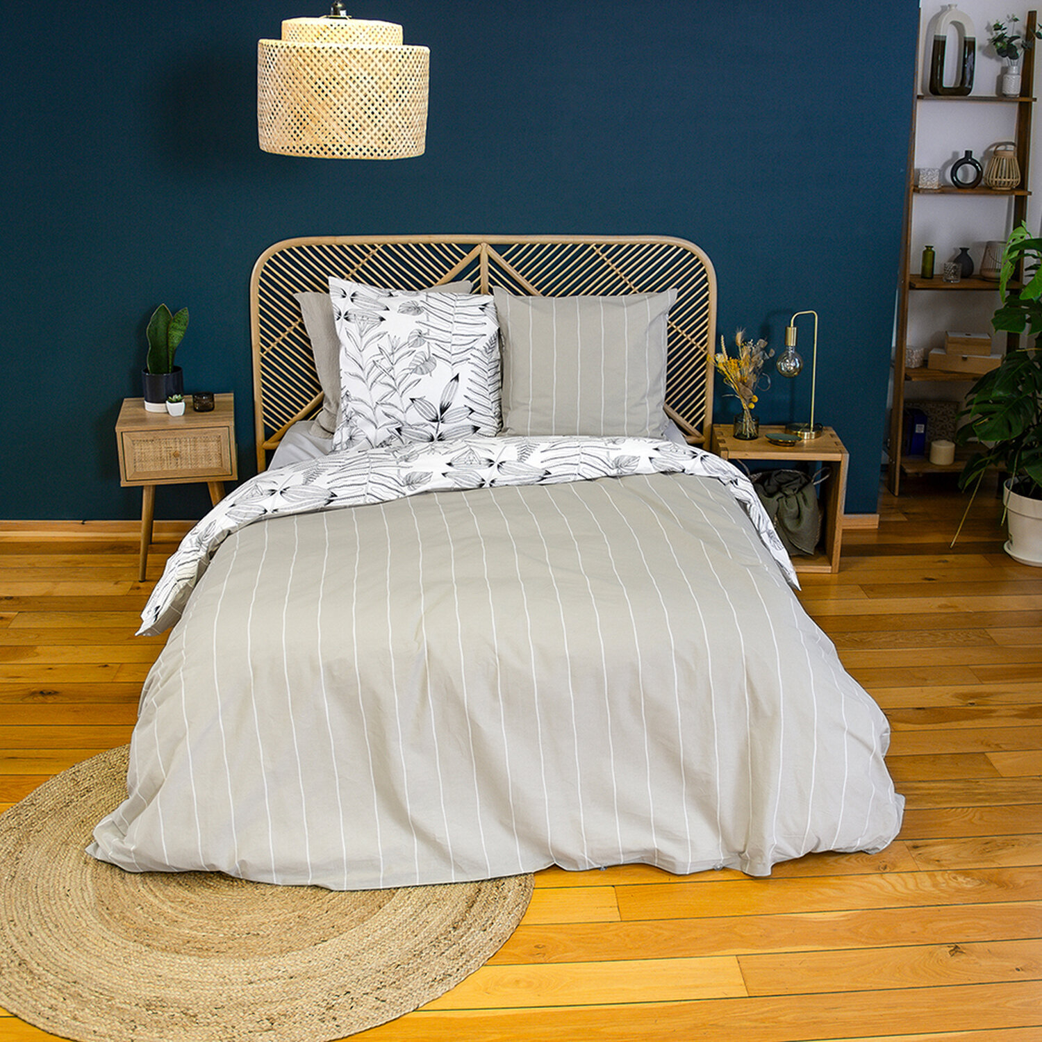 Parure housse de couette 100% coton motif feuillage - blanc et beige