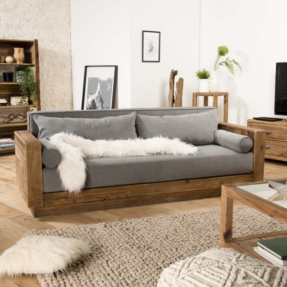 SANDY - Canapé 3 places bois Pin recyclé marron tissu gris